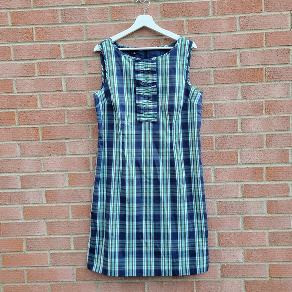 Talbots Sheath Dress Blue Green Plaid Sleeveless Ruffle Stretch Cotton 14P 12 - Picture 2 of 6